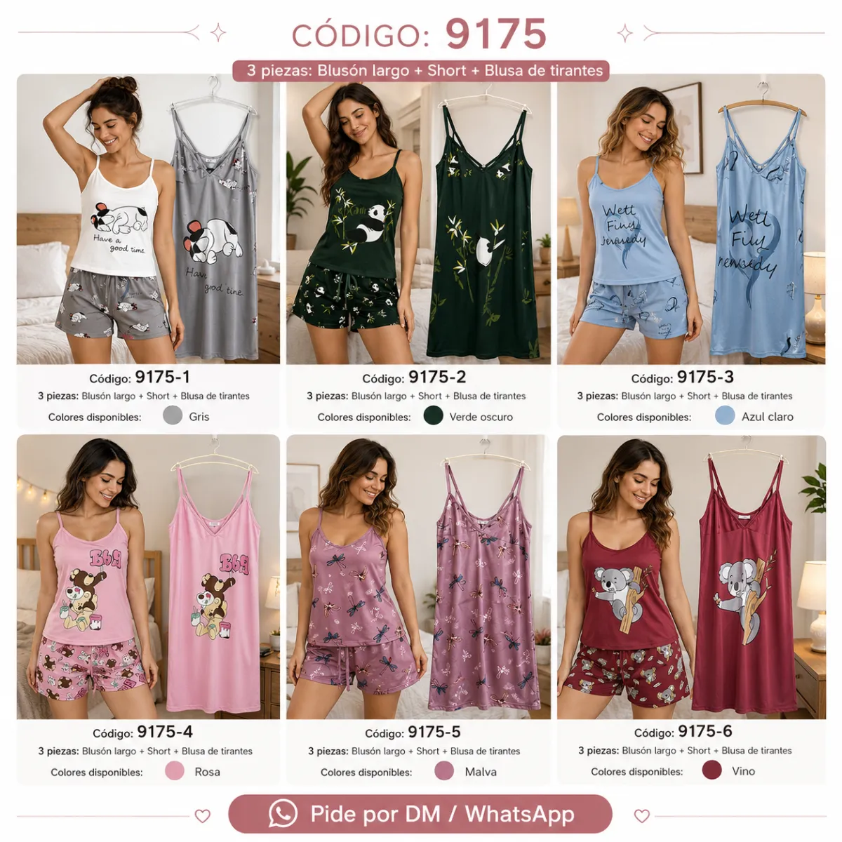 Pijama 3 Piezas Bata Blusa y Short